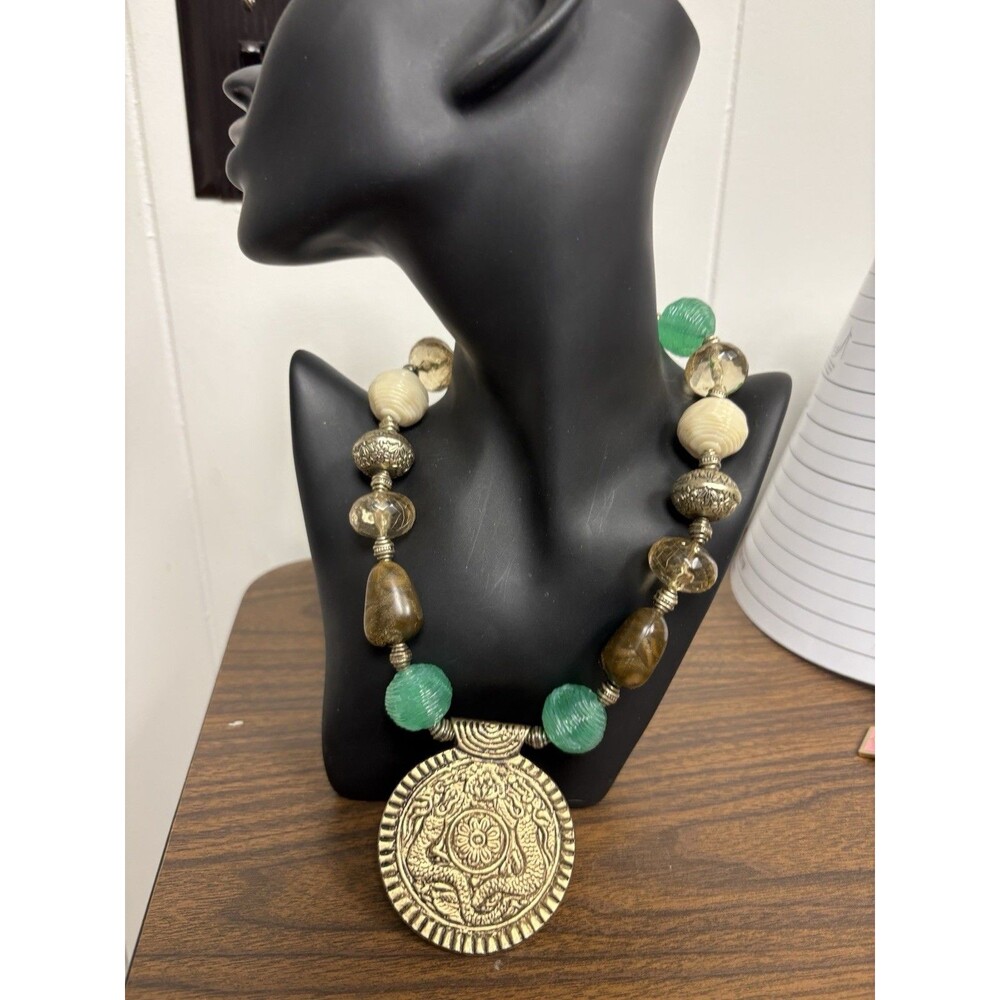 Artisan Boho Necklace Dragon Medallion Pendant Green Glass Beads